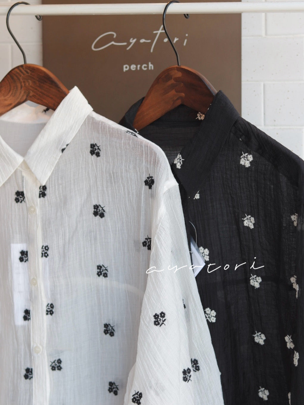 Flower embroidered sheer shirt