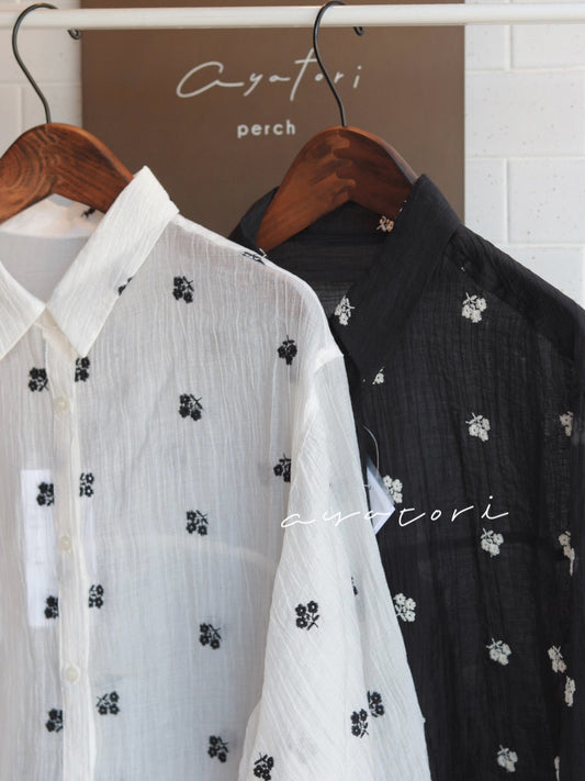 Flower embroidered sheer shirt