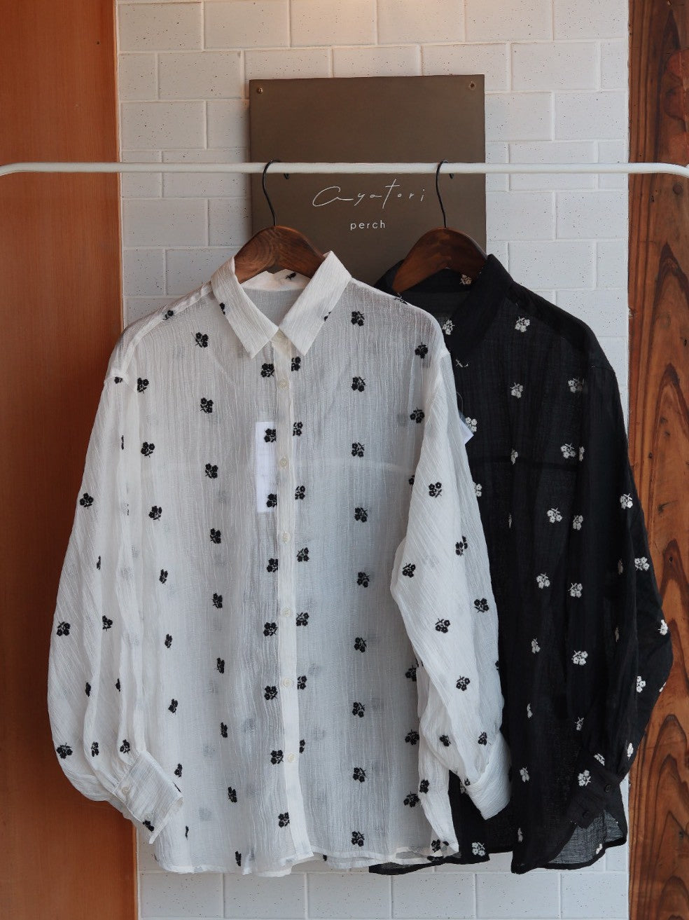 Flower embroidered sheer shirt