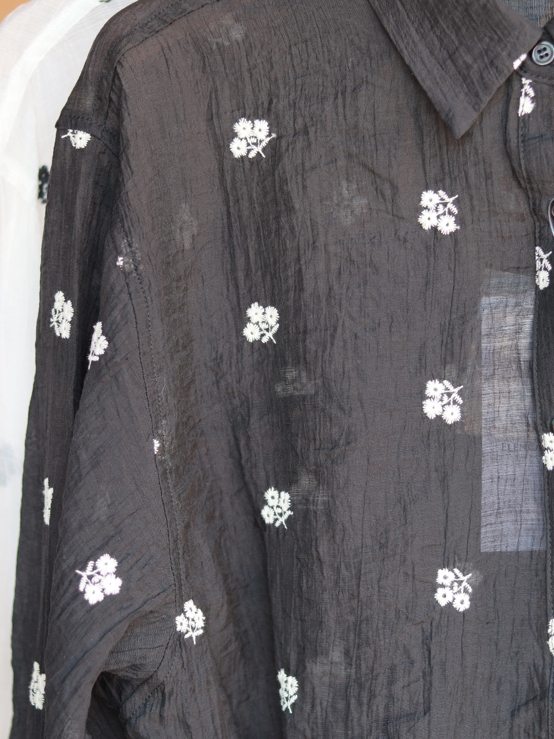 Flower embroidered sheer shirt